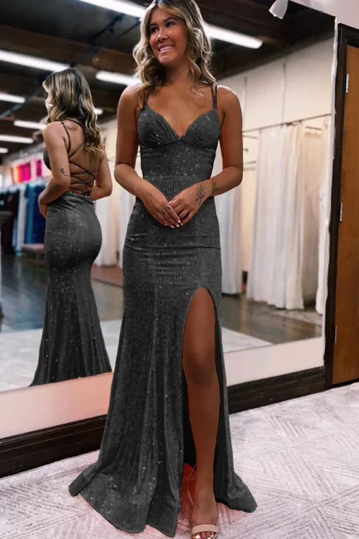 Mermaid Spaghetti Straps Orange Sparkly Prom Dress with Sequins