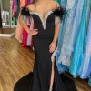 Mermaid Sparkly Beaded Off the Shoulder Black Prom Dress with Slit
