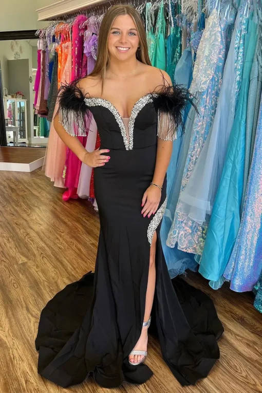 Mermaid Sparkly Beaded Off the Shoulder Black Prom Dress with Slit