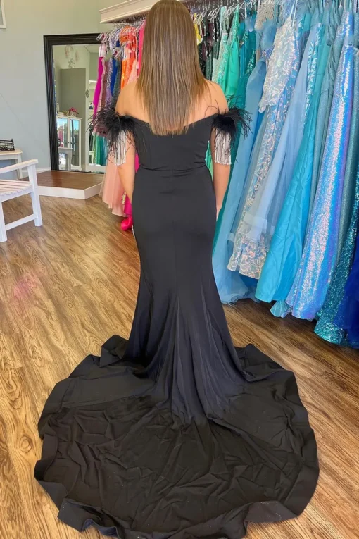 Mermaid Sparkly Beaded Off the Shoulder Black Prom Dress with Slit
