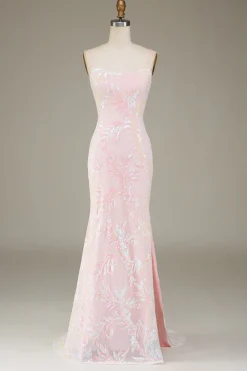 Mermaid Sparkly Pink Prom Dress with Slit