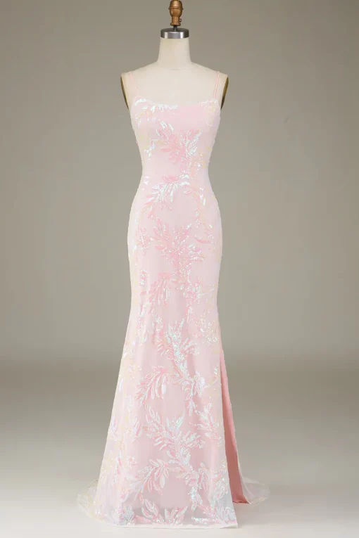 Mermaid Sparkly Pink Prom Dress with Slit