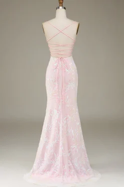 Mermaid Sparkly Pink Prom Dress with Slit