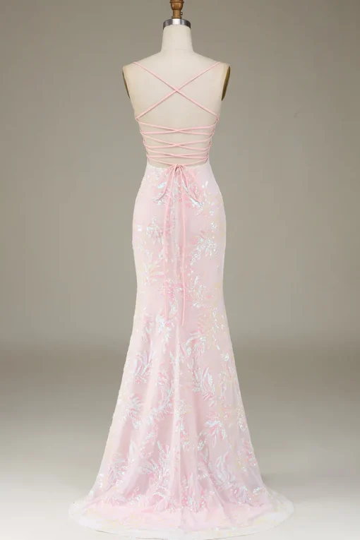 Mermaid Sparkly Pink Prom Dress with Slit