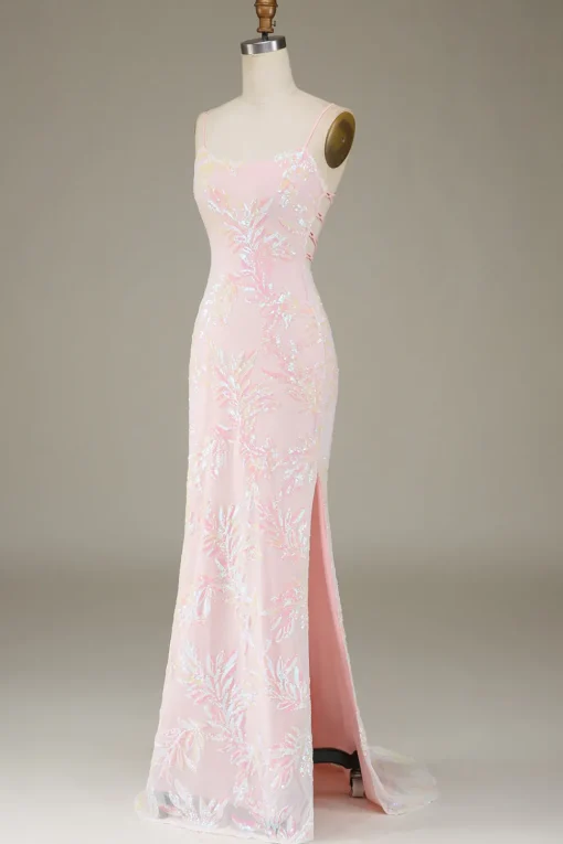 Mermaid Sparkly Pink Prom Dress with Slit