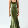 Mermaid Square Neck Olive Long Bridesmaid Dress with Slit