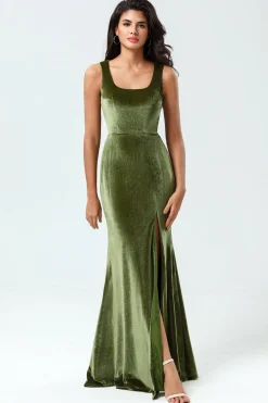 Mermaid Square Neck Olive Long Bridesmaid Dress with Slit