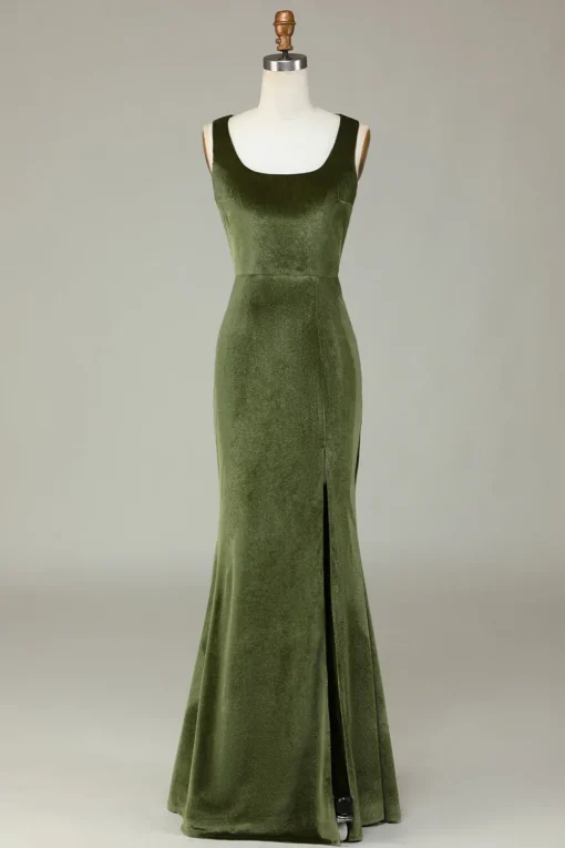 Mermaid Square Neck Olive Long Bridesmaid Dress with Slit