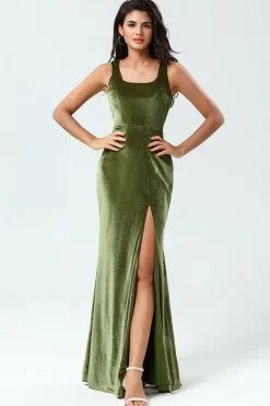 Mermaid Square Neck Olive Long Bridesmaid Dress with Slit