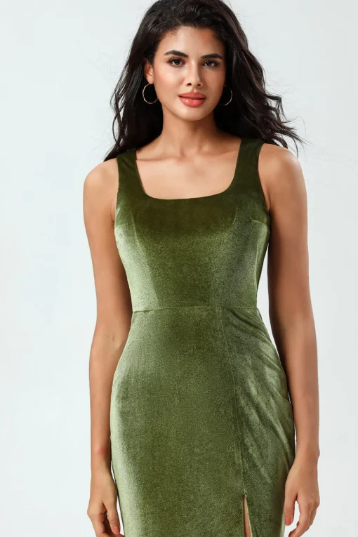 Mermaid Square Neck Olive Long Bridesmaid Dress with Slit