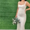 Mermaid Square Neck White Simple Long Wedding Dress with Button