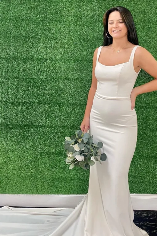 Mermaid Square Neck White Simple Long Wedding Dress with Button