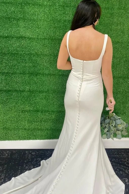 Mermaid Square Neck White Simple Long Wedding Dress with Button