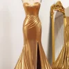Mermaid Strapless Golden Corset Long Prom Dress with Slit