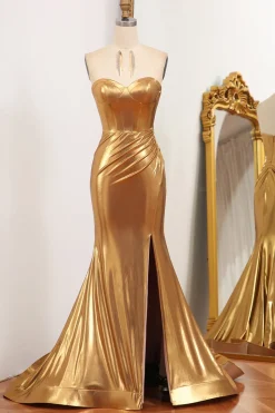 Mermaid Strapless Golden Corset Long Prom Dress with Slit