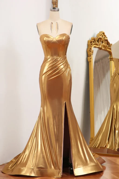 Mermaid Strapless Golden Corset Long Prom Dress with Slit