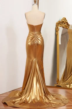 Mermaid Strapless Golden Corset Long Prom Dress with Slit