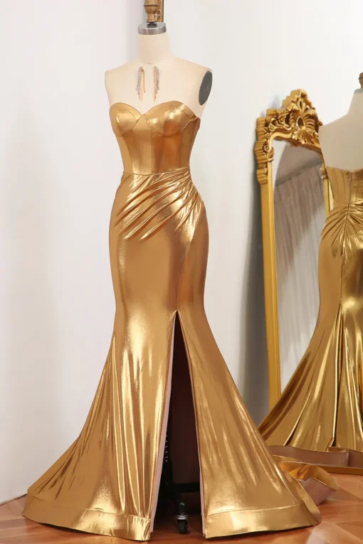 Mermaid Strapless Golden Corset Long Prom Dress with Slit