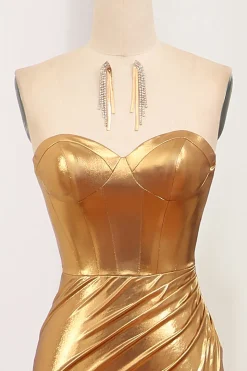 Mermaid Strapless Golden Corset Long Prom Dress with Slit
