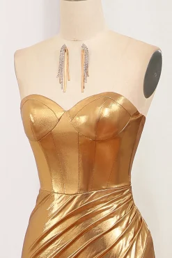 Mermaid Strapless Golden Corset Long Prom Dress with Slit