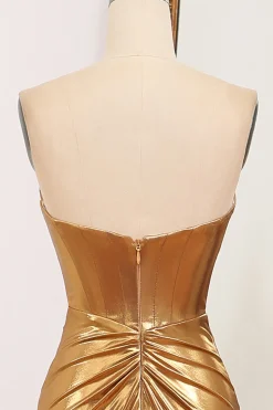 Mermaid Strapless Golden Corset Long Prom Dress with Slit