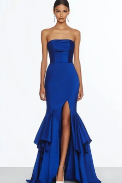 Mermaid Strapless Royal Blue Satin Long Formal Dress with Slit