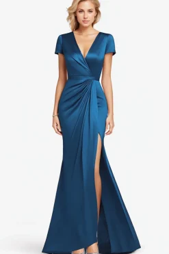 Mermaid V-Neck Blue Ruched Sleeves Full Length Mother Dress with Slit