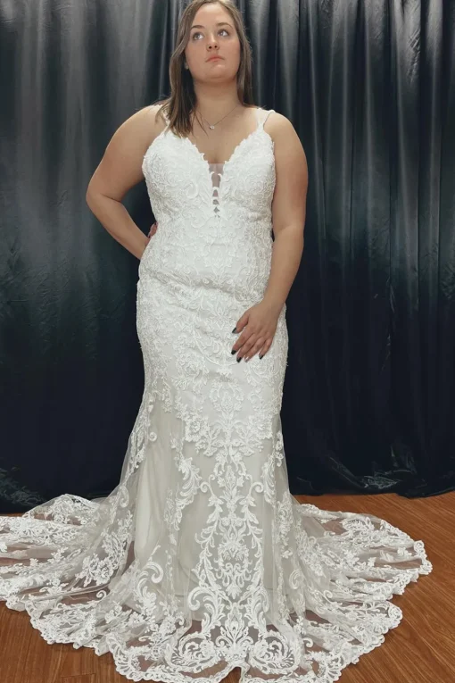 Mermaid V-Neck White Plus Size Lace Wedding Dress