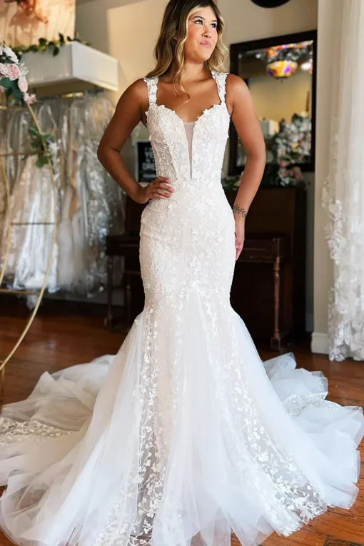 Mermaid White Lace Sweep Train Long Wedding Dress