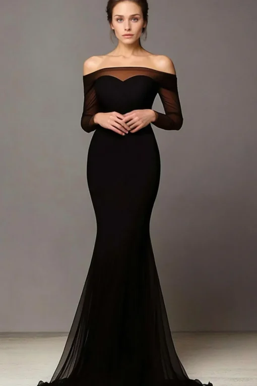 Mesh Black Off The Shoulde Mermaid Long Sleeves Long Prom Dress
