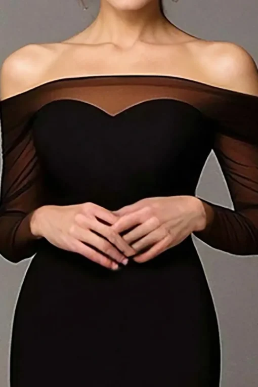 Mesh Black Off The Shoulde Mermaid Long Sleeves Long Prom Dress