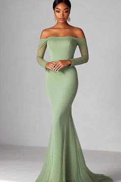 Mesh Sage Off The Shoulde Mermaid Ruched Long Prom Dress