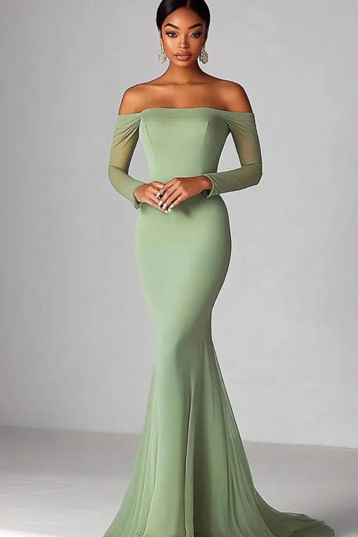 Mesh Sage Off The Shoulde Mermaid Ruched Long Prom Dress
