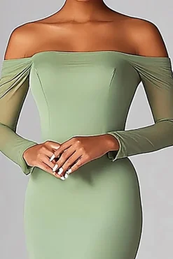 Mesh Sage Off The Shoulde Mermaid Ruched Long Prom Dress