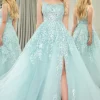Mint A-line Spaghetti Strap Long Corset Prom Dress with Appliques