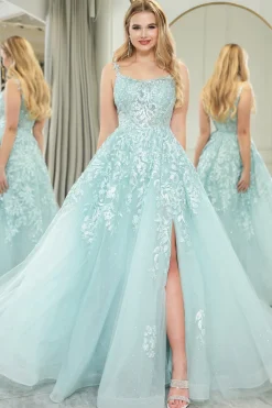 Mint A-line Spaghetti Strap Long Corset Prom Dress with Appliques