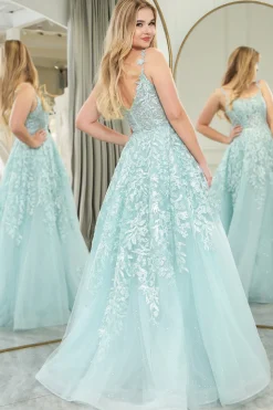 Mint A-line Spaghetti Strap Long Corset Prom Dress with Appliques