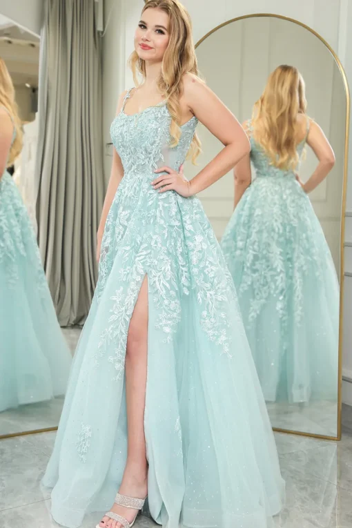 Mint A-line Spaghetti Strap Long Corset Prom Dress with Appliques