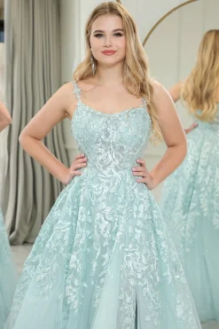 Mint A-line Spaghetti Strap Long Corset Prom Dress with Appliques
