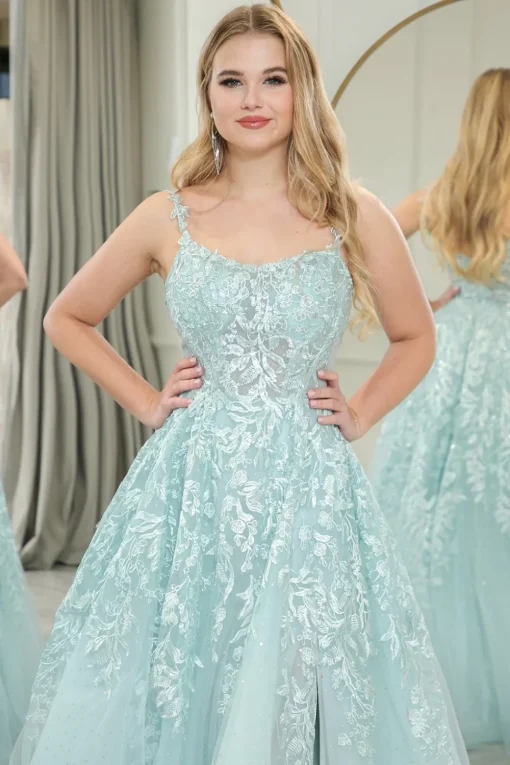 Mint A-line Spaghetti Strap Long Corset Prom Dress with Appliques