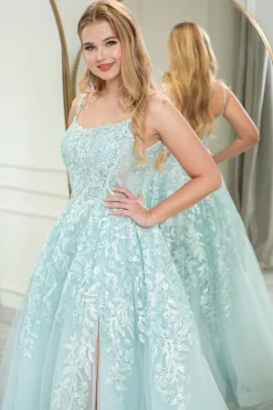 Mint A-line Spaghetti Strap Long Corset Prom Dress with Appliques