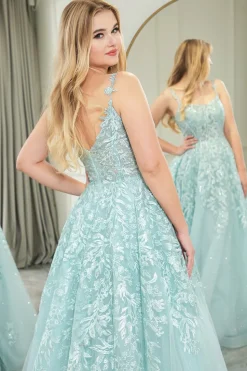 Mint A-line Spaghetti Strap Long Corset Prom Dress with Appliques