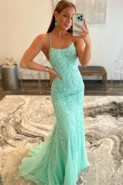 Mint Spaghetti Straps Appliques Prom Dress