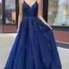 Navy A Line Tulle Prom Dress with Appliques