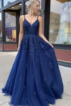 Navy A Line Tulle Prom Dress with Appliques