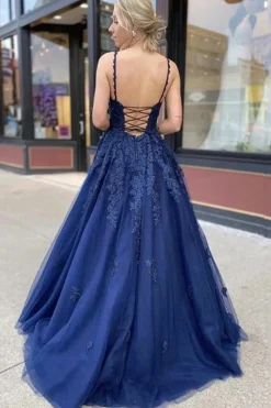 Navy A Line Tulle Prom Dress with Appliques