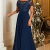 Navy A-Line Boat Neck Lace Appliques Chiffon Long Mother Of the Bride Dress with Short Sleeves