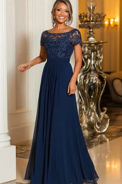 Navy A-Line Boat Neck Lace Appliques Chiffon Long Mother Of the Bride Dress with Short Sleeves