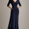 Navy A-Line Chiffon V-Neck Long Mother of the Bride Dress with Half Sleeves