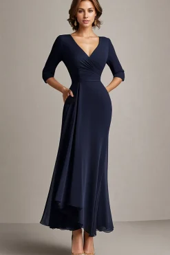 Navy A-Line Chiffon V-Neck Long Mother of the Bride Dress with Half Sleeves